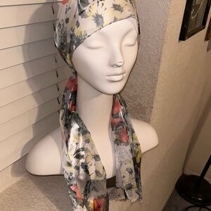 Vintage Silk Feel Scarf Korea Rectangular Floral Sage Yellow Peach 13.5 X 57 in